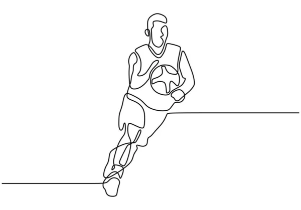 Dibujo continuo de una línea de un hombre jugando baloncesto. Jugador de juego sosteniendo la pelota para hacer un tiro. Tema deporte vectorial . — Vector de stock