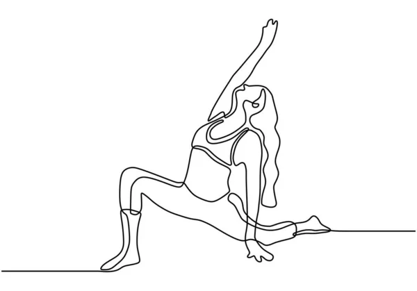 Nő csinál aerob gyakorlat egy folyamatos vonal rajz minimalizmus vektor illusztráció. Egyszerűség design lány pózol az egészséges és wellness test fitness. — Stock Vector