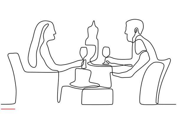 Casal romântico contínuo um desenho de linha. Única mão silhueta desenhada de homem e mulher comendo e bebendo vinho. Brinde com o conceito de vidro minimalismo vetor isolado no fundo branco . —  Vetores de Stock