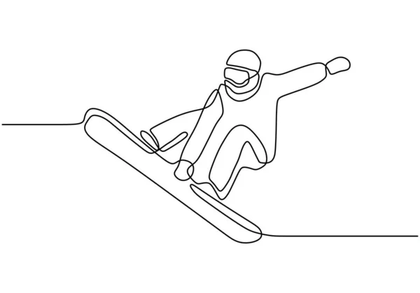 Die ununterbrochene einstreifige Zeichnung des Wintersports des Snowboardens. Ein Mann auf dem Snowboard springt Freestyle. Vektor Minimalismus Design. — Stockvektor