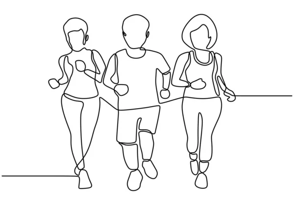 Folyamatos egy vonalas rajz két kocogó lányról és egy férfiról. Emberek fut az egészséges és a test illeszkedés vektor illusztráció egyszerű egykezes húzott. — Stock Vector
