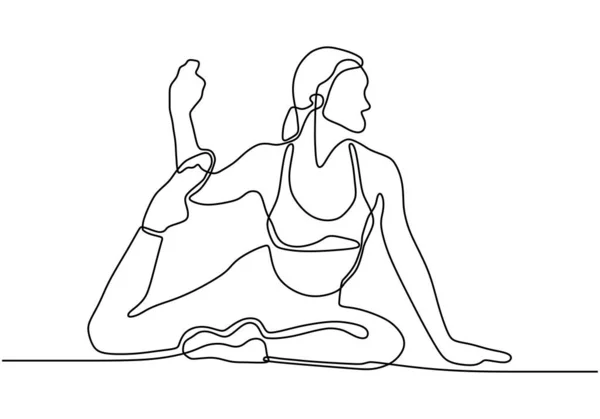 Jóga jedna lajna aerobik dívka dělá cvičení. Nepřetržitý ručně kreslený minimalismus ženské kondice. — Stockový vektor