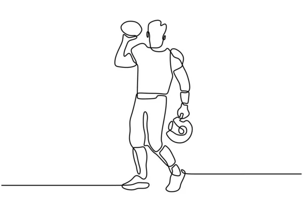 Dibujo continuo de una línea del jugador de fútbol americano. Retrato de un hombre con traje sosteniendo una ilustración de vector de bola . — Vector de stock