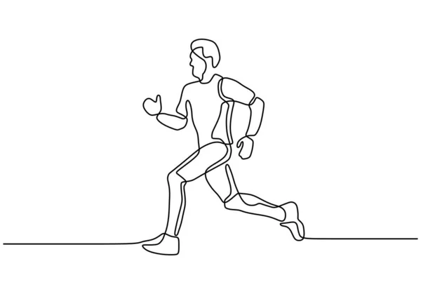 Homme courant pendant l'exercice sportif, le marathon ou le sprint concept de la personne rendre son corps sain. Ligne unique continue dessinant un vecteur de minimalisme dessiné à la main. Course linéaire modifiable . — Image vectorielle