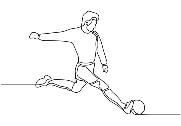 Kontinuierliche Linienzeichnung eines Mannes, der einen Ball schießt. Fußballspieler Konzept Hand gezeichnet Einfachheit Design Vektor Illustration. — Stockvektor