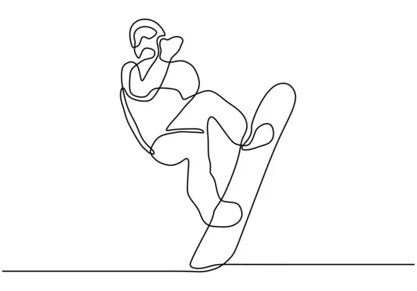 连续画一张单行冬季运动滑雪板图. 一个人在雪板上跳自由泳. 矢量简约设计. — 图库矢量图片