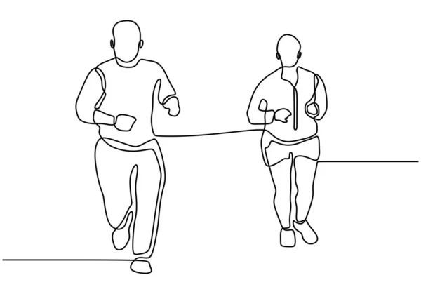 Continu een lijntekening van twee rennende mannen. Mensen lopen op sport thema ontwerp vector illustratie. — Stockvector