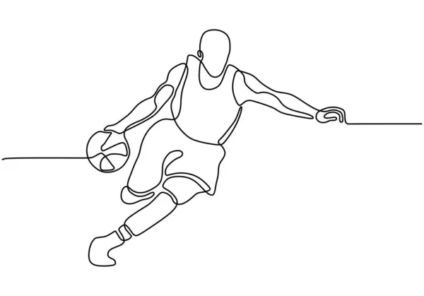 Desenho contínuo de uma linha de jogador de basquete driblando e segurando a bola. Atleta executando design minimalismo simplicidade . — Vetor de Stock