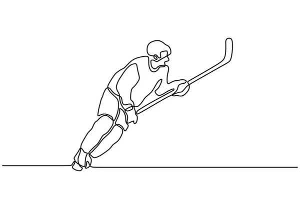 Ciągły jeden rysunek linii wektor człowiek gospodarstwa kij podczas gry w hokeja na lodzie sport. — Wektor stockowy