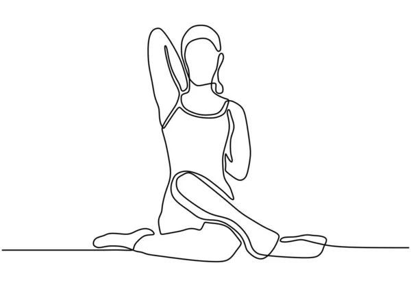Wanita yang melakukan latihan aerobik satu garis yang berkelanjutan menggambar ilustrasi vektor minimalisme. Desain kesederhanaan pose gadis untuk kebugaran tubuh sehat dan sehat . - Stok Vektor