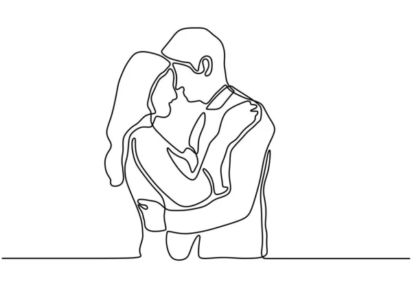 Kontinuerlig linje ritning relation vektor. En hand dragen av ung man och kvinna förälskad. Killen och flickan vill kyssa varandra. Människor omfamnar och delar lycka. Enkelhet lineart design. — Stock vektor