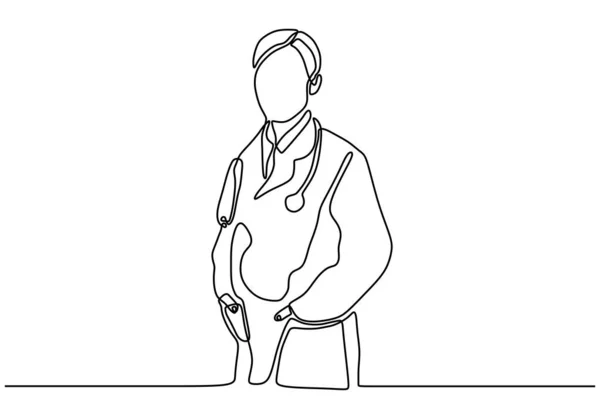 Fiatal nő orvos folyamatos egy vonal rajz. Orvosokról vagy ápolókról készült vektorportré minimalizmustervezés. — Stock Vector