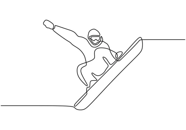 Snowboard continu dessin d'une ligne. Personne debout et sauter sur le snowboard. Sport d'hiver minimalisme et simplicité dessin à la main dessin linéaire illustration vectorielle . — Image vectorielle