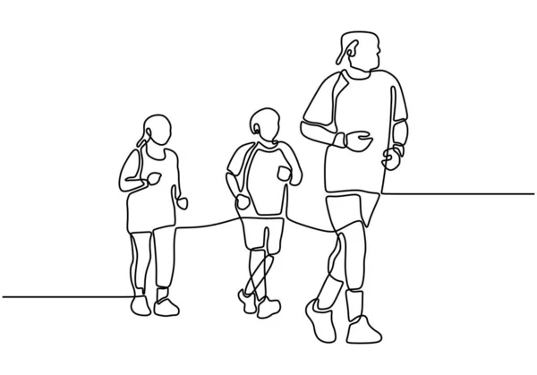 Непрерывный рисунок трех человек бег трусцой и бег для здорового тела. Стиль простоты иллюстрации векторного минимализма . — стоковый вектор