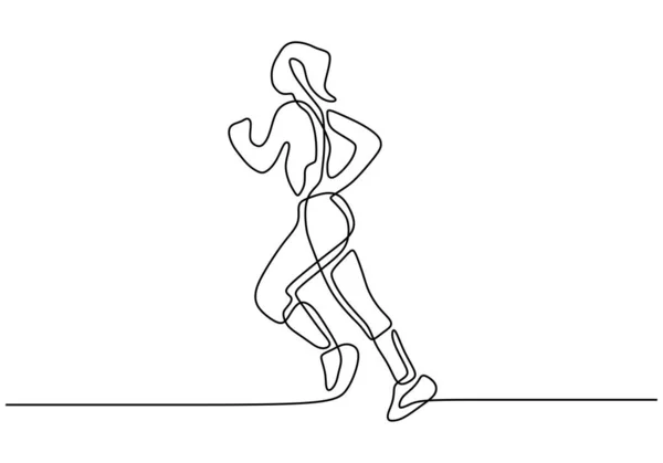 Dibujo continuo de una línea de mujer o niña corriendo. Señora trotando para el tema del deporte de ejercicio . — Archivo Imágenes Vectoriales