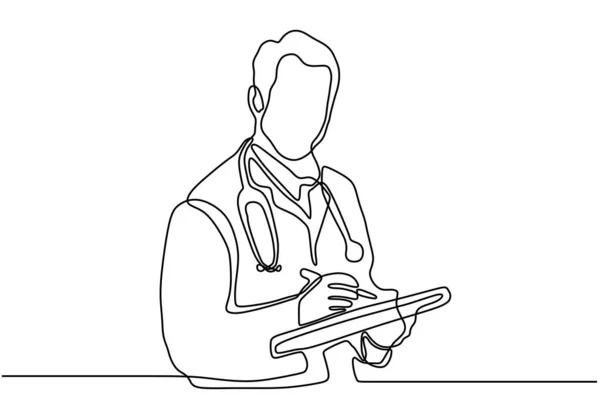 Un médecin de ligne tenant un stylo et notez. Portrait de personne avec stéthoscope continu dessiné à la main vecteur de croquis . — Image vectorielle