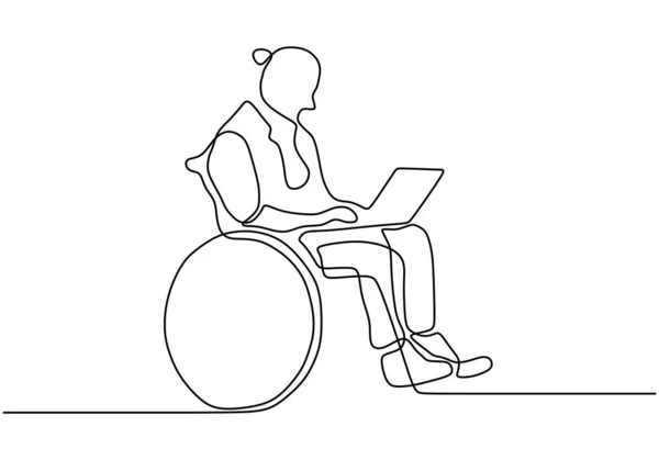 Kontinuerlig linjeritning av handikappmannen sitter på rullstolen och arbetar med en bärbar dator. Begreppet person med fysisk skada kan fortfarande göra aktivitet. — Stock vektor