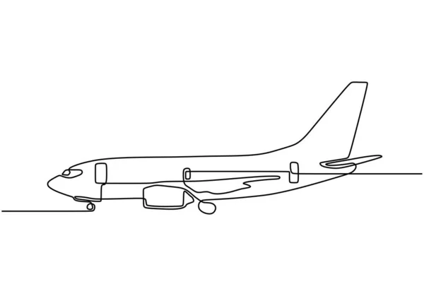 飛行機の連続的な1行の最小限の設計ベクトル図を描く。シンプルでシンプルな手描きスケッチ線形輸送のテーマ. — ストックベクタ