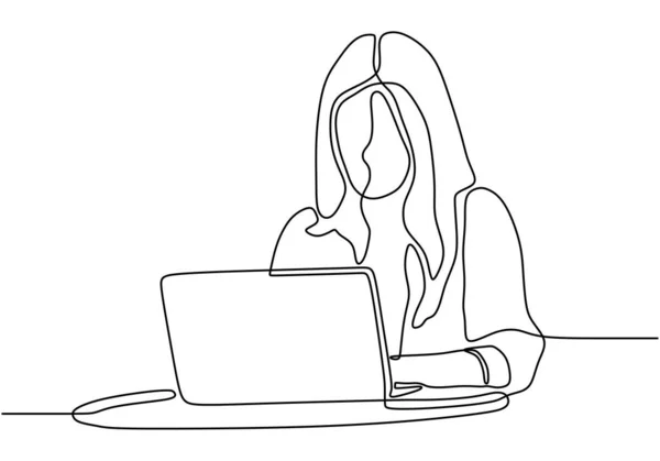 Vrouw met laptop continue een lijn tekening. Vector van een meisje zit achter een computer. — Stockvector