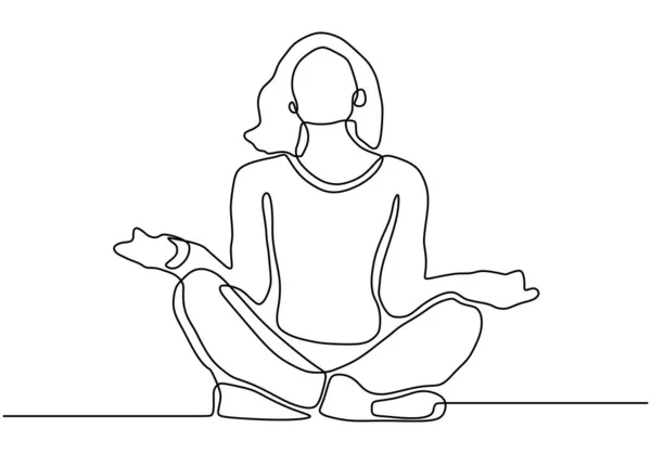 Donna che fa esercizio di yoga continuo una linea vettore illustrazione stile minimalismo. Ragazza relax semplicità design . — Vettoriale Stock