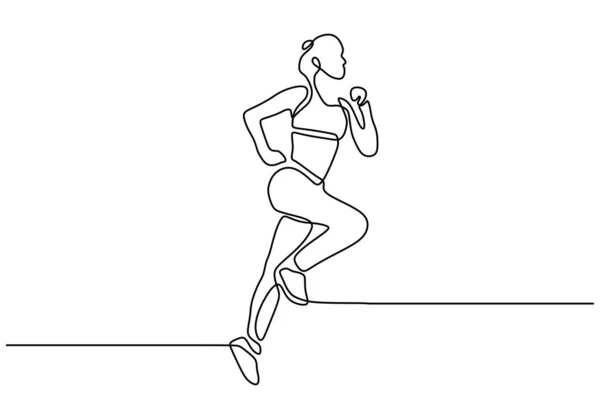 Dibujo continuo de una línea de la mujer corriendo o trotando. Chica haciendo deporte de ejercicio para un estilo de vida saludable . — Archivo Imágenes Vectoriales