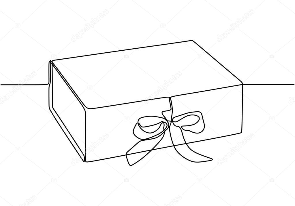 Gift one line drawing. Vector present box with ribbon minimalism vector illustration single continuous hand drawn sketch lineart.