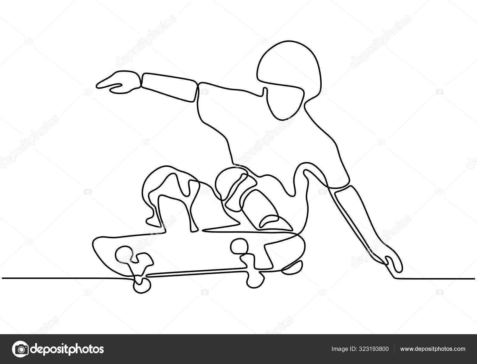 Desenho de linha contínuo de homem jogando skate jogador de jogo de skate  um desenho de linha