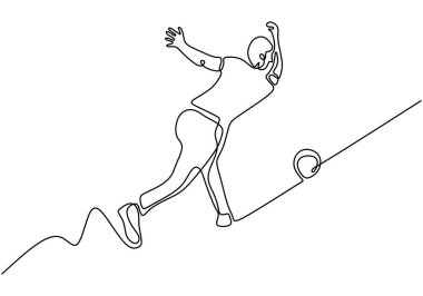 Bovling topu fırlatan kişi, tek çizgi çizerek sürekli bir vuruş yapar. Vektör spor oyuncusu.