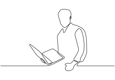 Dizüstü bilgisayarı elinde tutan kişinin sürekli bir çizimi..