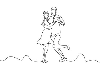 Çift dans vektörünün kesintisiz bir çizgisi. Erkek ve kız romantik dans ediyor. Minimalizm tasarım çizimi..