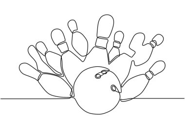 Bowling oyunu, bir çizgi boyunca vektör illüstrasyonunu sürdürüyor. Beyaz arkaplanda top ve raptiyeli spor teması ve sembol.