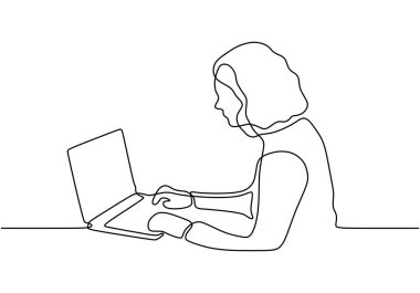 Dizüstü bilgisayarla yazan ya da yazan bir kızın sürekli çizimi.