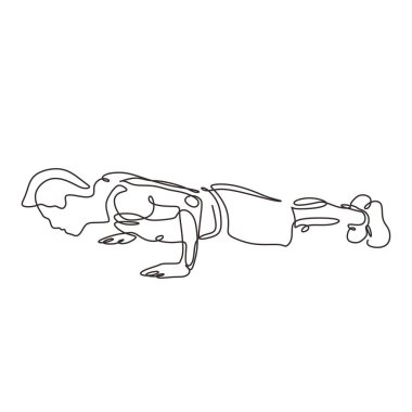 Sürekli bir çizgi halinde şınav çeken kişi. Spor salonunda egzersiz yapan bir adam. Vektör illüstrasyon minimalizm spor tema tasarımı.