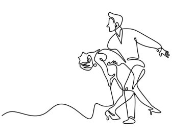 Dans eden çift vektörünün sürekli bir çizgi çizimi. Minimalizm, güzel ve romantik bir kızla erkeğin el çizimi dansı..