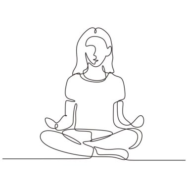 Nilüfer çiçeğinde yoga yapan bir kızın sürekli çizimi. Kadın rahatlaması ve sağlıklı vücut ve pozitif akıl için meditasyon. Vektör illüstrasyon minimalizm spor tema tasarımı.