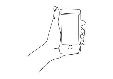 Sürekli el ele tutuşan telefon ya da akıllı telefon çizimleri. Vektör illüstrasyon minimalizm tasarımı akıllı mobil teknoloji teması.