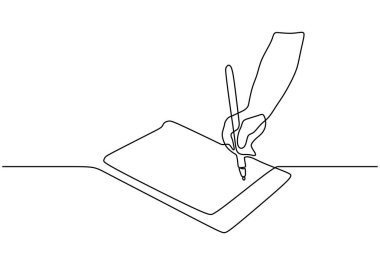 Mürekkep kalem ya da kalem tutan sürekli bir el yazısı çizimi. Minimalizm tasarım vektörü beyaz arkaplanda izole edildi.