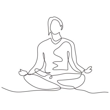 Yoga ya da meditasyon için lotus pozisyonunda oturan birinin sürekli bir çizimi. Vektör illüstrasyon minimalizm spor tema tasarımı.