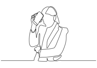 Kafası karışık bir kızın sürekli bir çizimi. İş kadını ya da kadın baş ağrısı çekiyor ve elinde akıllı telefon ya da cep telefonu tutuyor..