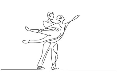 Sürekli dans eden çift minimalizm tasarımı çiziyor. Bir elde vektör çizilmiş çizgi çizimi, erkek ve kadın dansının minimalist tarzı..