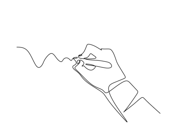 Continuous one line drawing of hand writing letter with minimalism design. Vector fingers holding ink pen to drawing or write something. — ストックベクタ