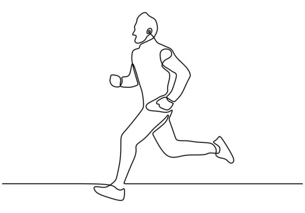 Continu een lijn tekening van de persoon die loopt tijdens de sport marathon of sprint spel. Kampioen speler doet joggen oefening vector minimalisme. — Stockvector