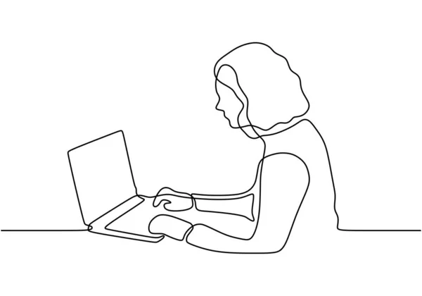 Continuous one line drawing of girl writing or typing with laptop computer. — Stock Vector