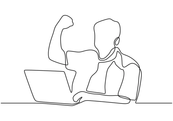 Непрерывный рисование линии человек выглядит счастливым, поднимая руку глядя на ноутбук . — стоковый вектор