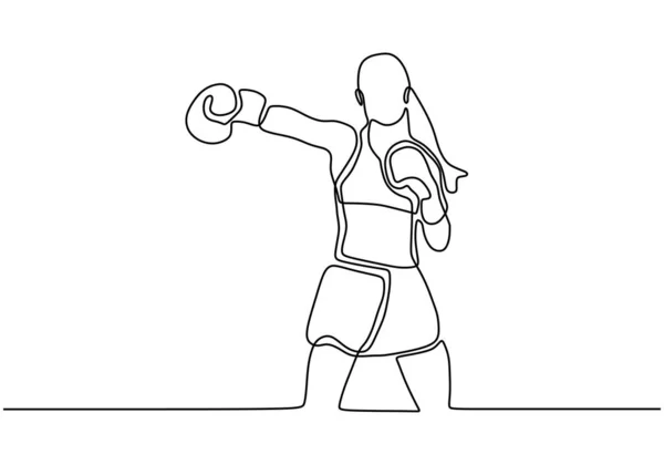Dibujo continuo de una línea de mujer atleta boxeadora. Deporte juego vector minimalismo diseño . — Vector de stock