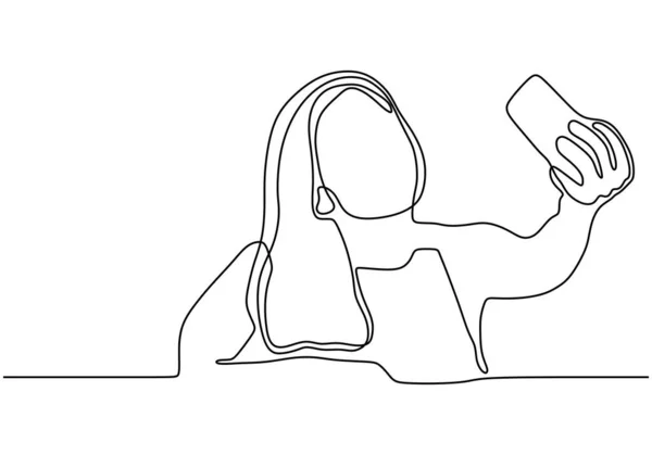 Kontinuierliche einzeilige Zeichnung des Selfie-Girl-Vektors. Frau oder Person, die ein Foto mit ihrem Smartphone oder Handy macht. minimalistisches Design Minimalismus Stil Illustration isoliert auf weißem Hintergrund. — Stockvektor