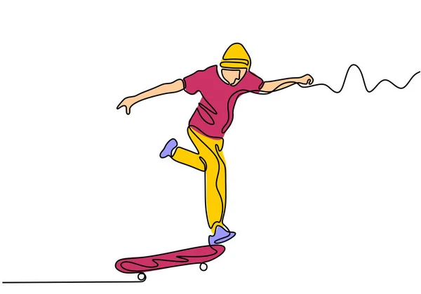 Satu garis ditarik kontinu skateboard ditarik oleh gambar tangan siluet. Garis vektor seni sketsa gambar tunggal. Desain Minimalisme . - Stok Vektor