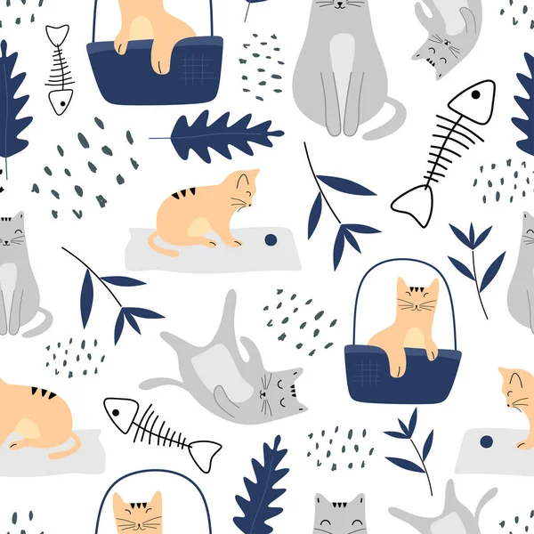 Söta katter sömlösa mönster med roliga djur pastell färger. Vektor illustration handritad barnslig teckning skandinavisk stil för mode textil tryck. — Stock vektor