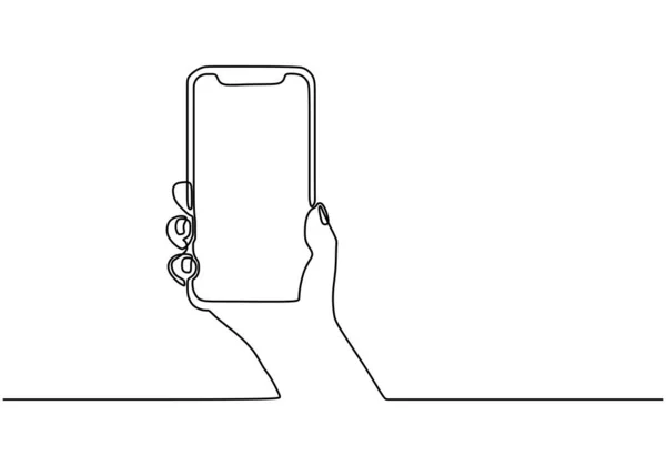 Kontinuierliche einzeilige Zeichnung von Hand haltenden Mobiltelefonen oder Smartphones minimalistisches Design. — Stockvektor