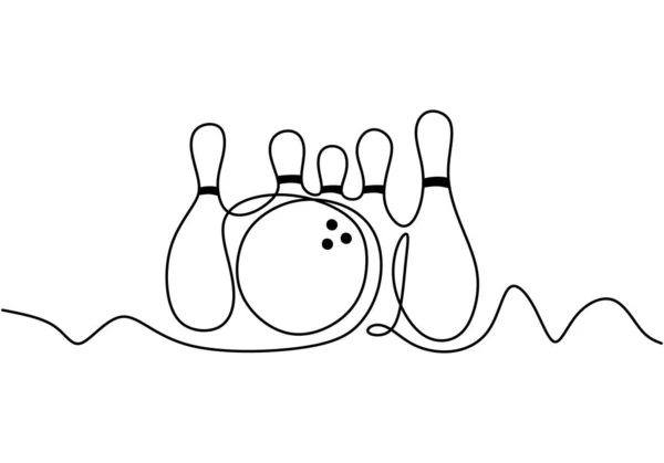 Bowling juego continuo una línea dibujo vector ilustración. Signo y símbolo del tema deportivo con bola y alfileres aislados sobre fondo blanco . — Vector de stock